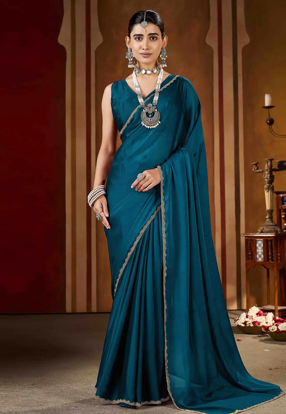 Teal Silk Saree With Blouse 332587