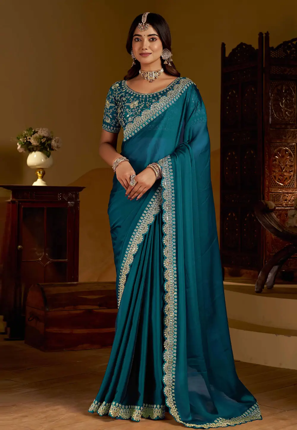 Teal Silk Saree With Blouse 332596