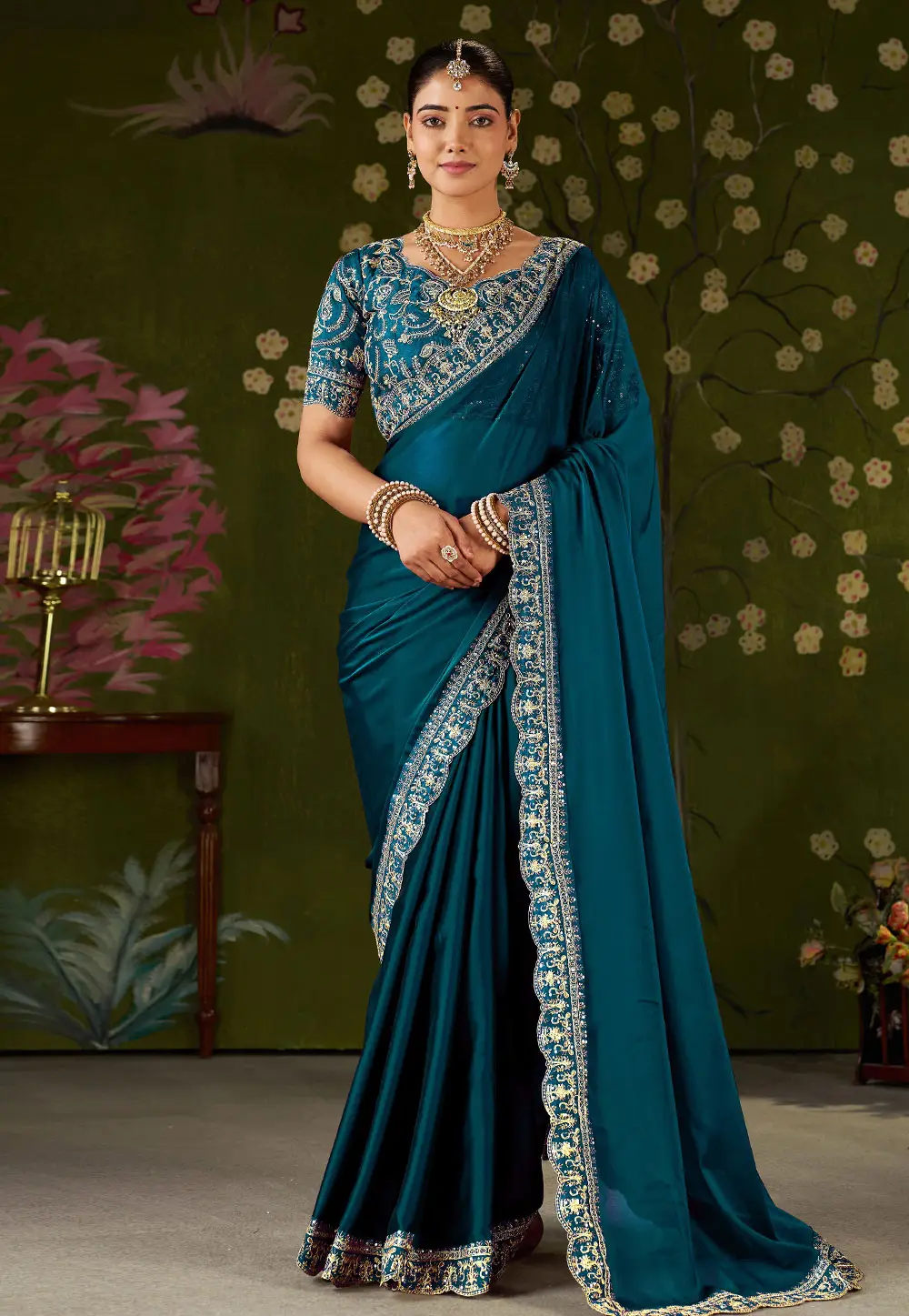 Teal Silk Saree With Blouse 332783