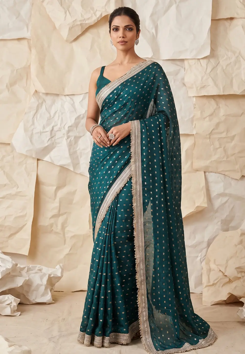 Teal Silk Satin Saree With Blouse 335433