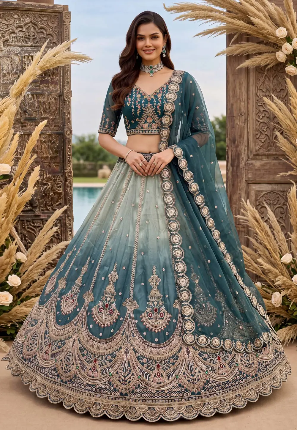 Teal Silk Wedding Lehenga Choli 336114