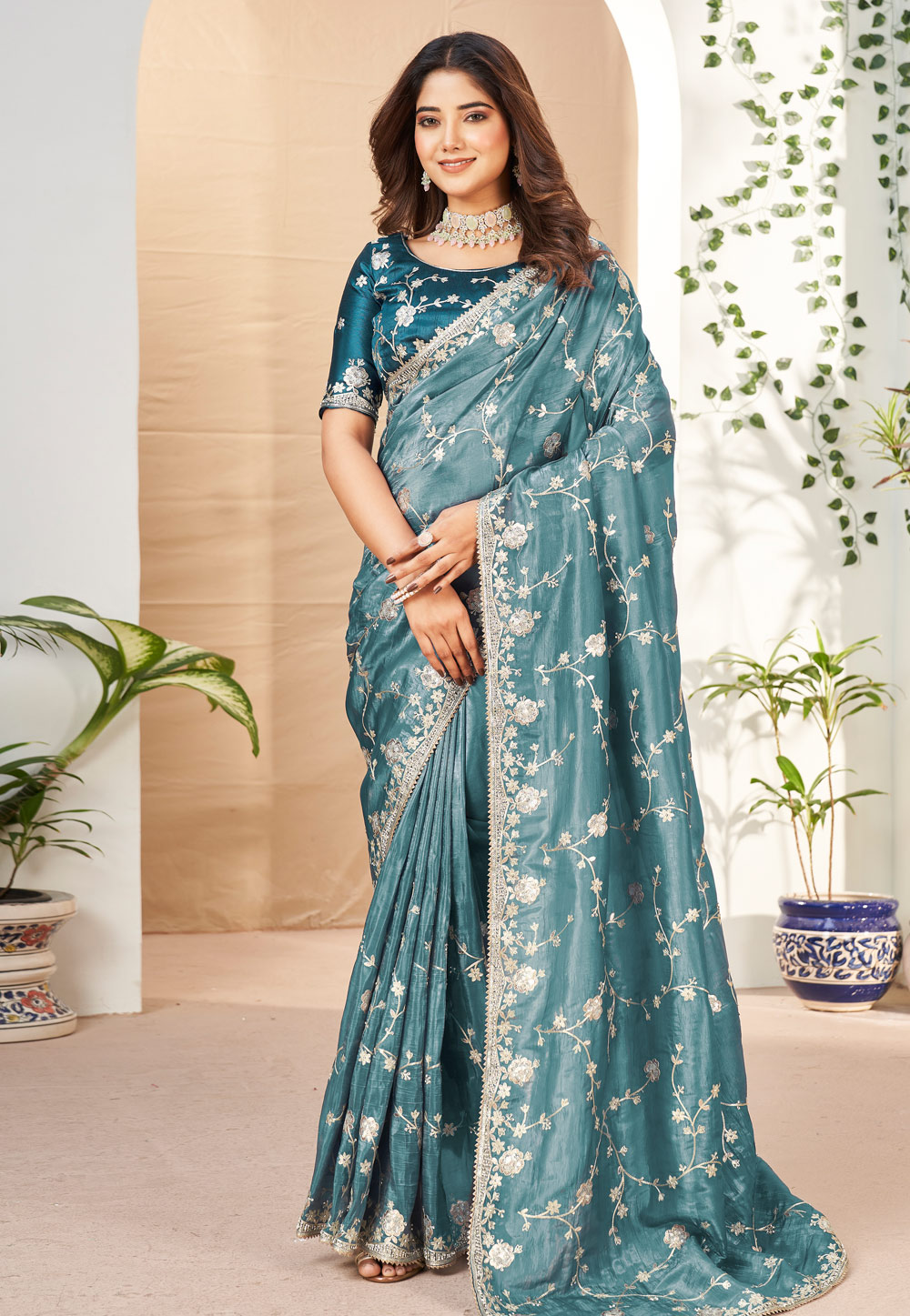Teal Soft Silk Saree With Blouse 283616