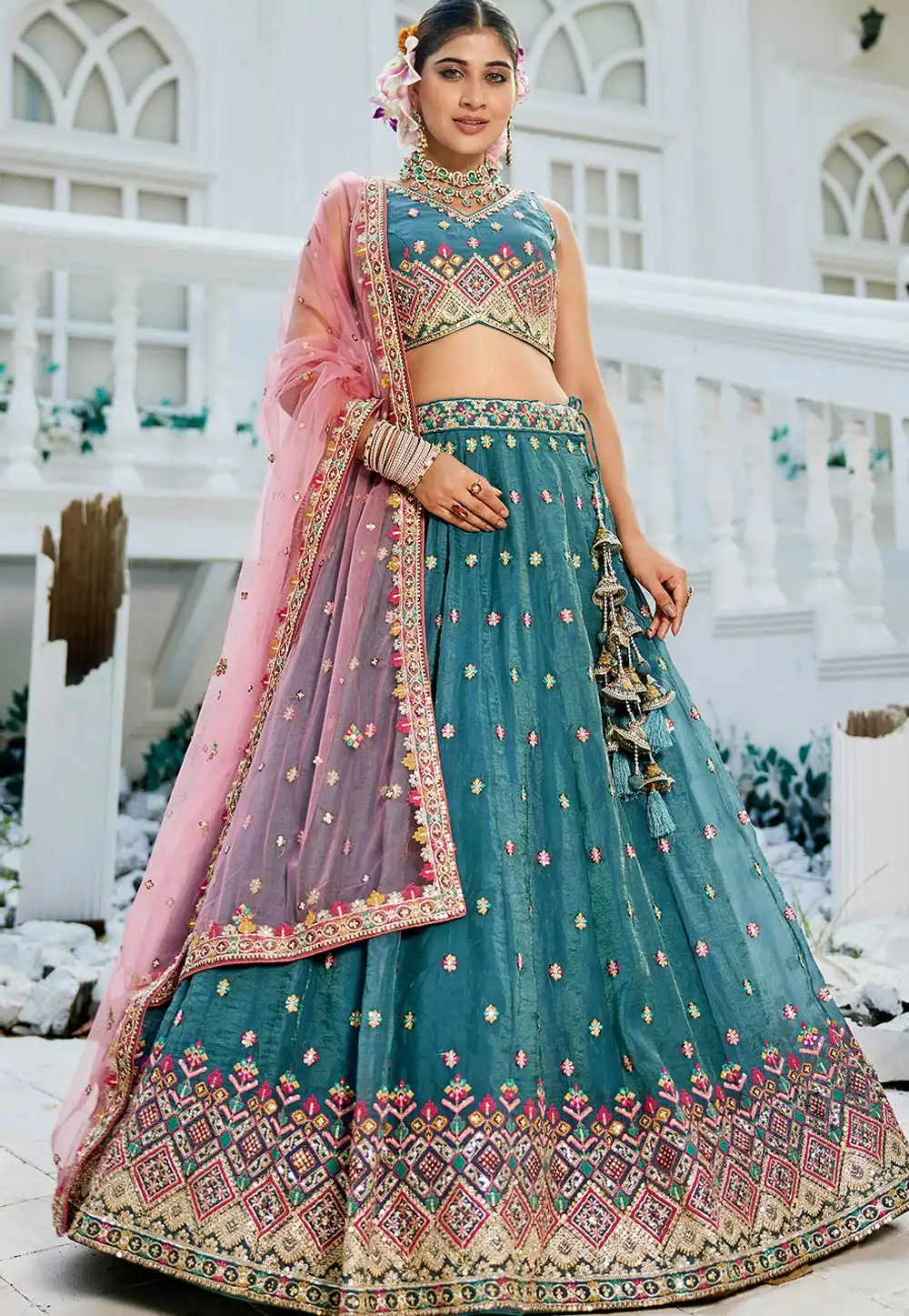 Teal Tissue Lehenga Choli 312887