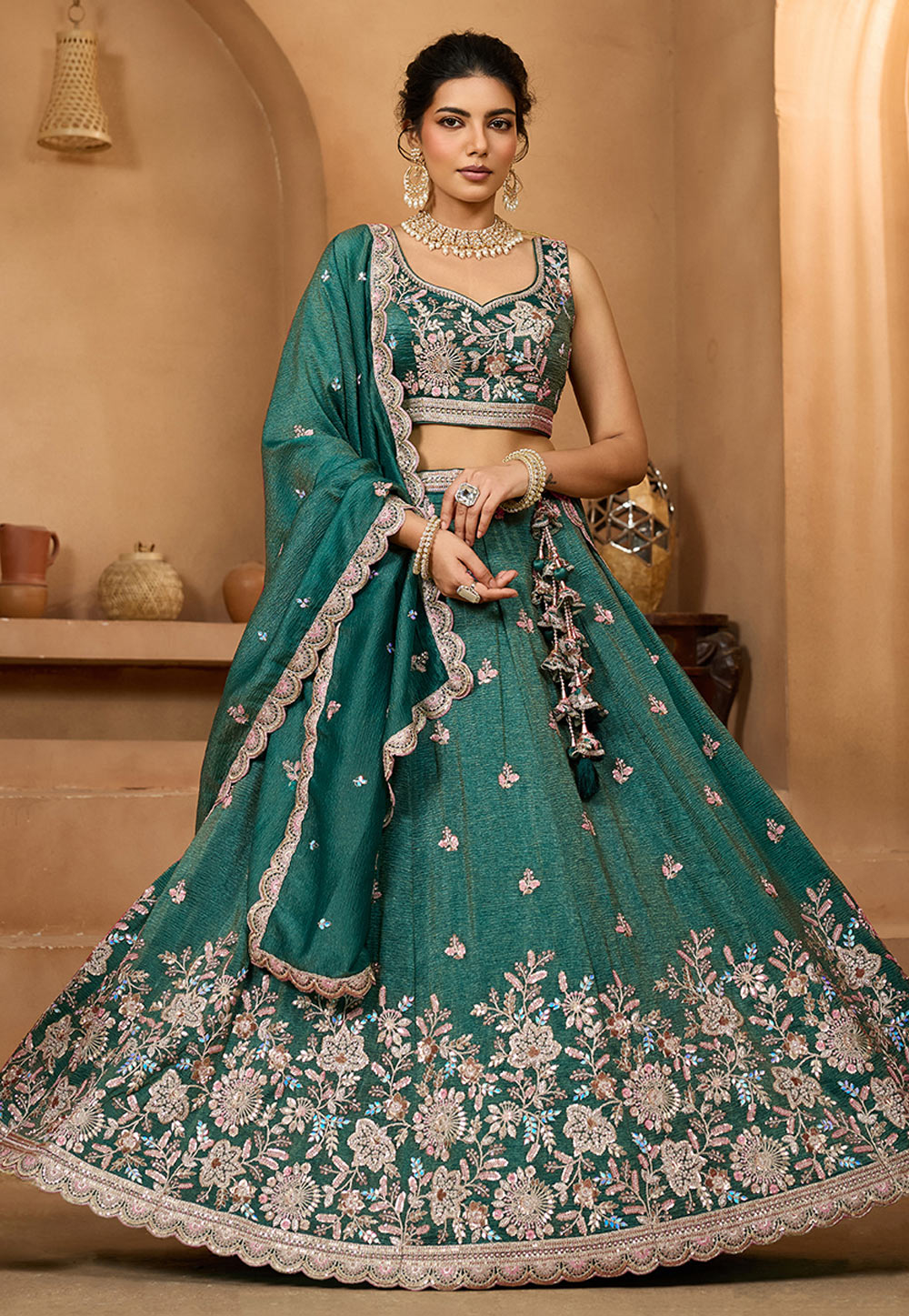 Teal Tissue Lehenga Choli For Wedding 318088