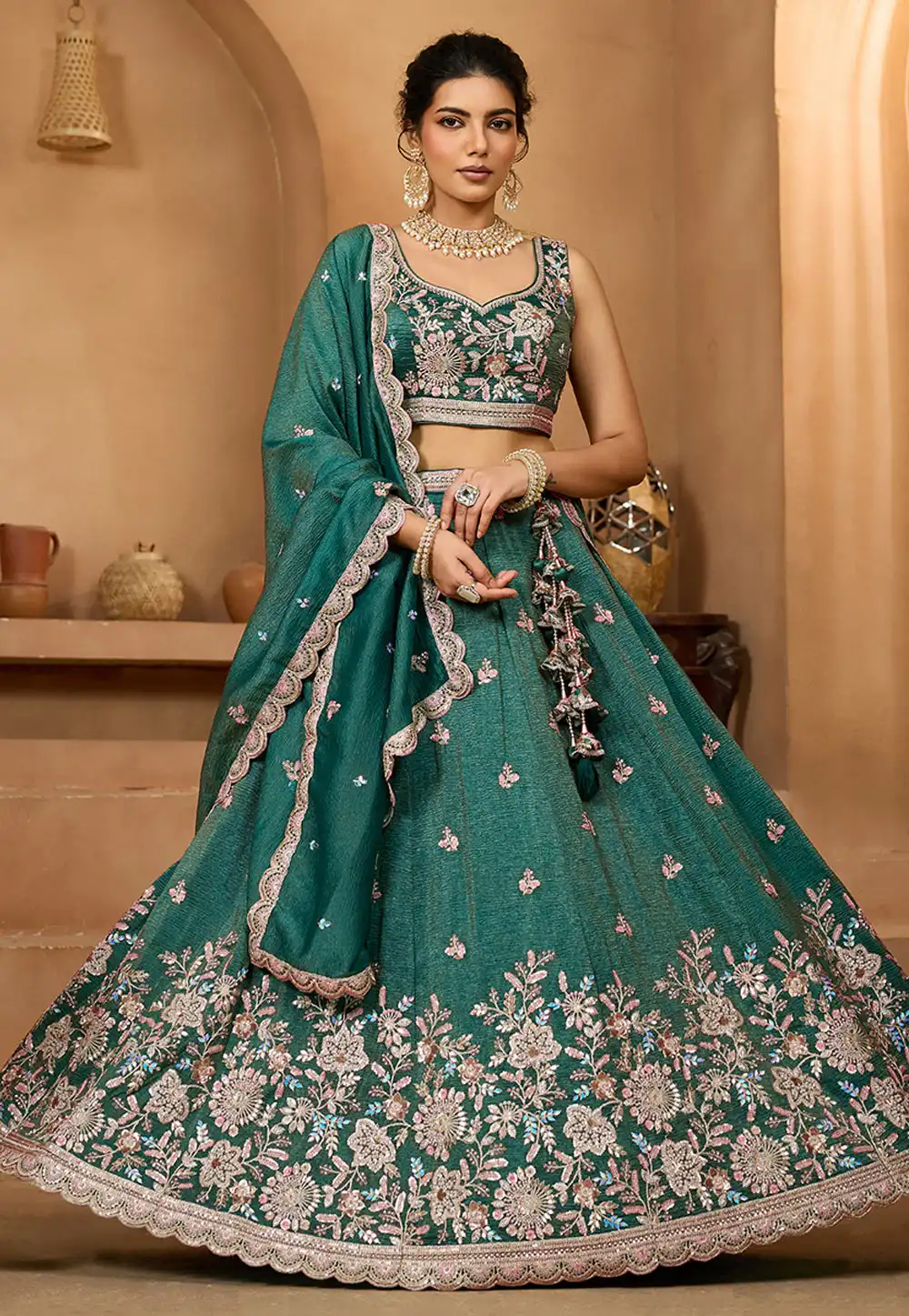 Teal Tissue Lehenga Choli For Wedding 318088
