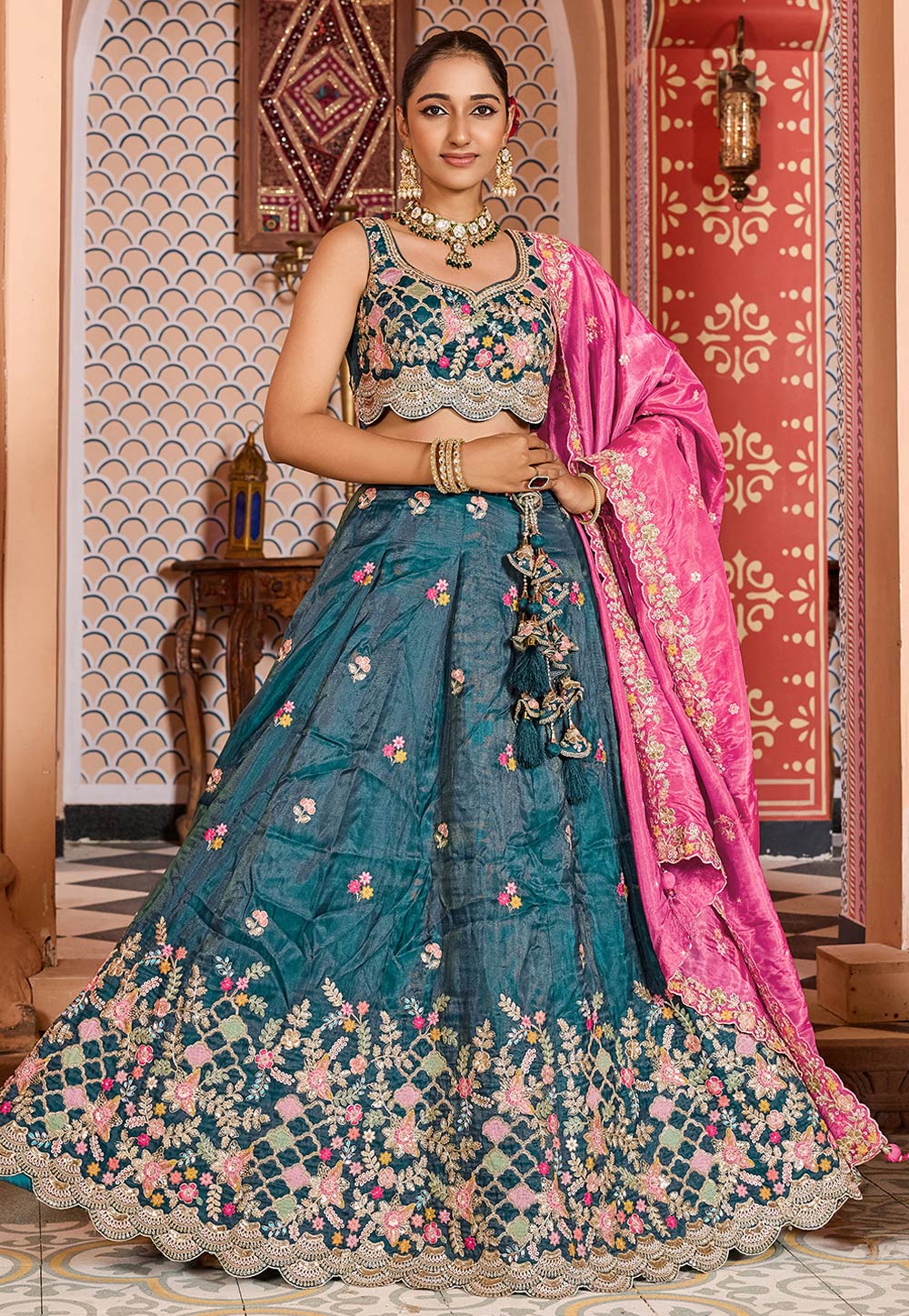 Teal Tissue Lehenga Choli For Wedding 319395