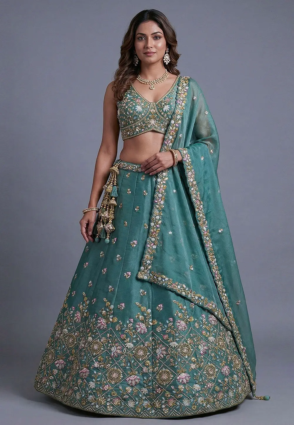 Teal Tissue Lehenga Choli For Wedding 332957