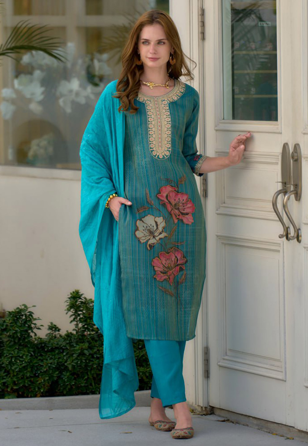 Teal Tissue Readymade Pakistani Suit 311983