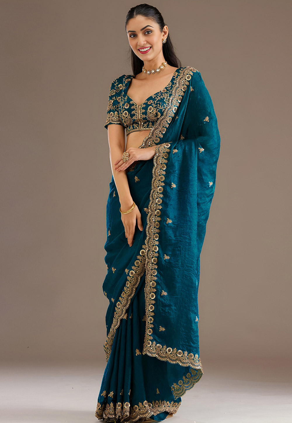 Teal Tissue Saree With Blouse 326753