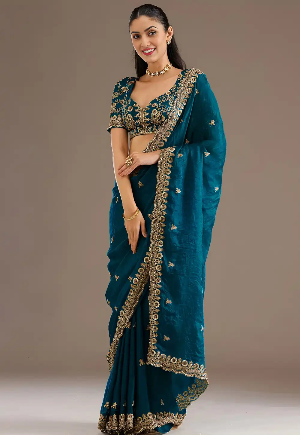 Teal Tissue Saree With Blouse 326753