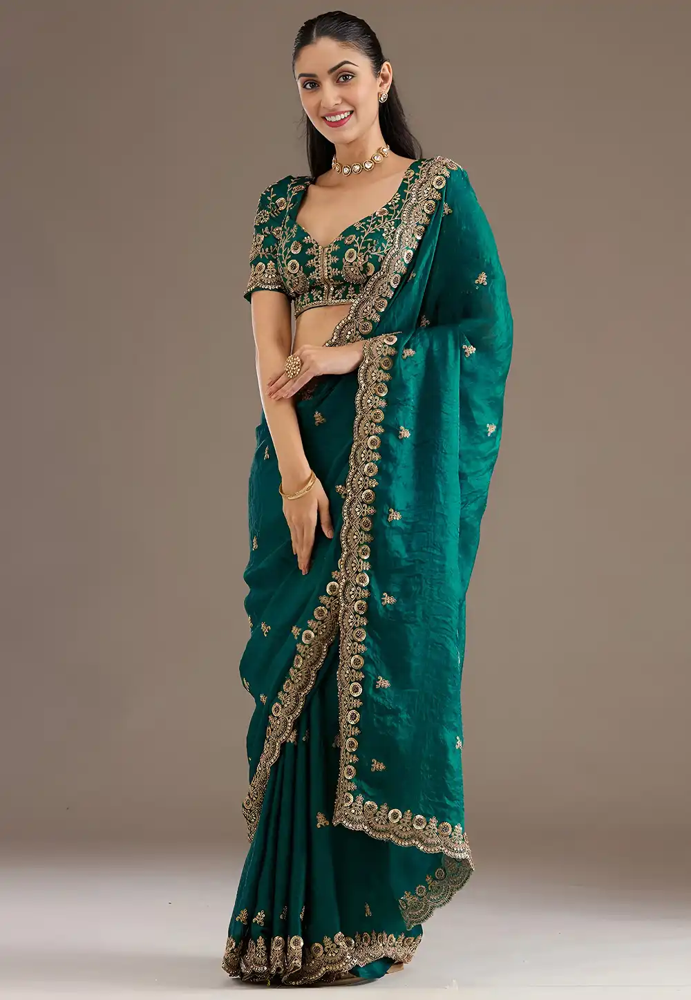 Teal Tissue Saree With Blouse 326758