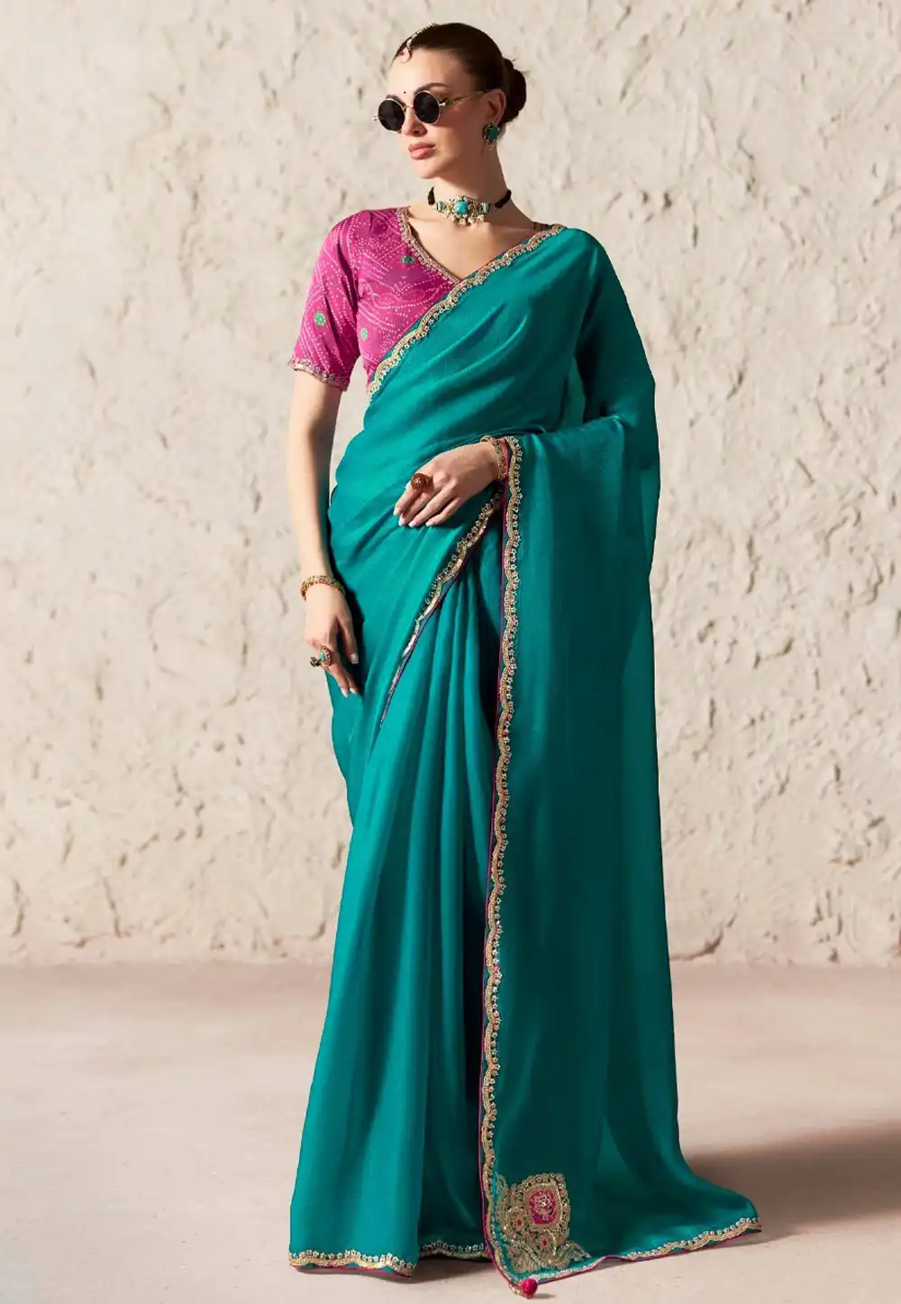 Teal Tissue Saree With Blouse 327893