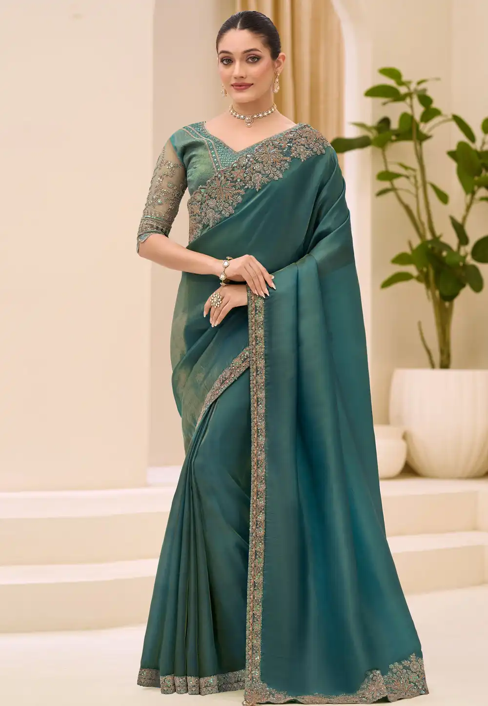 Teal Tissue Saree With Blouse 326396