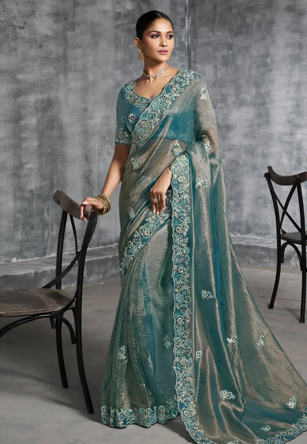 Teal Tissue Saree With Blouse 317930