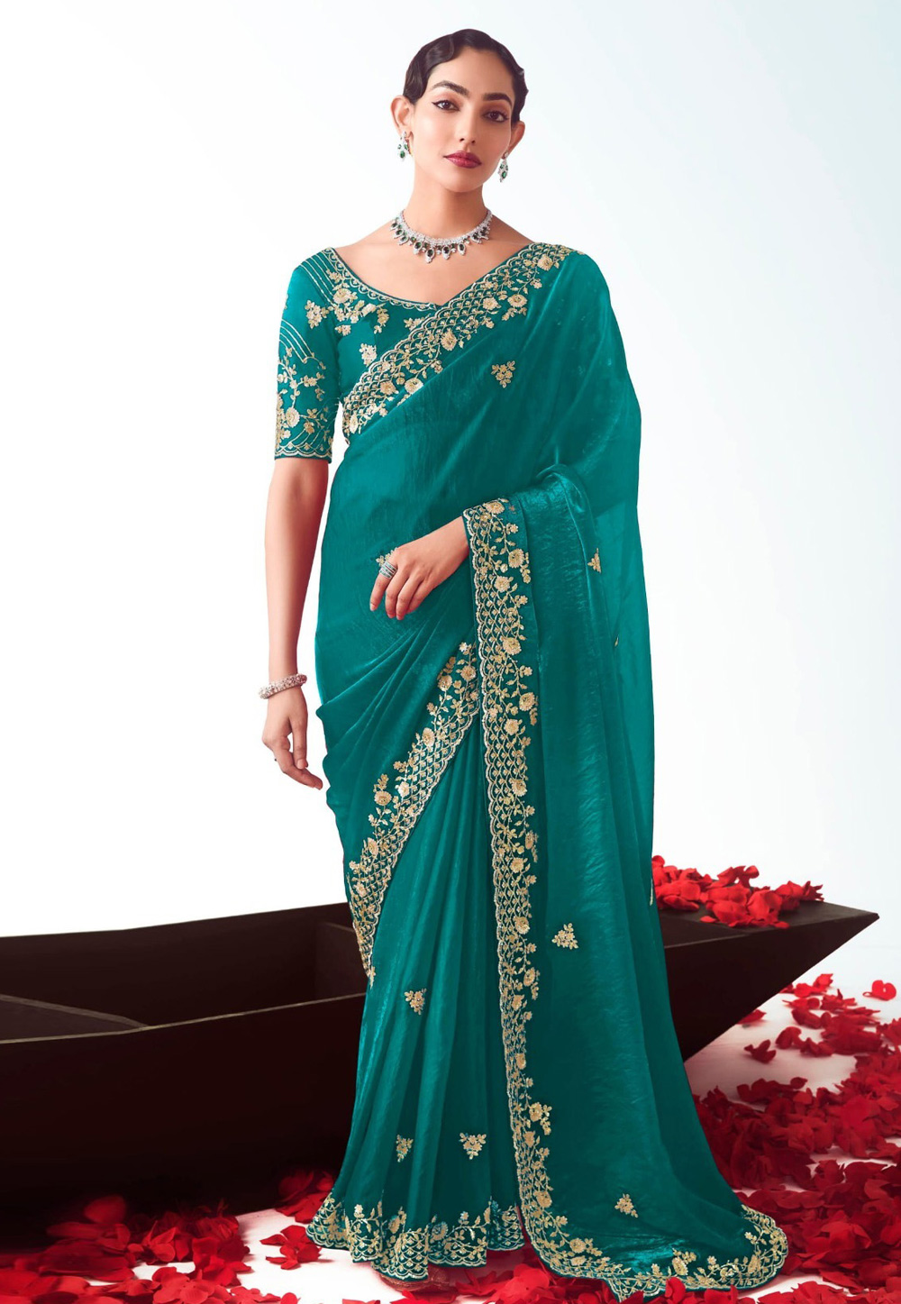 Teal Tissue Saree With Blouse 322118