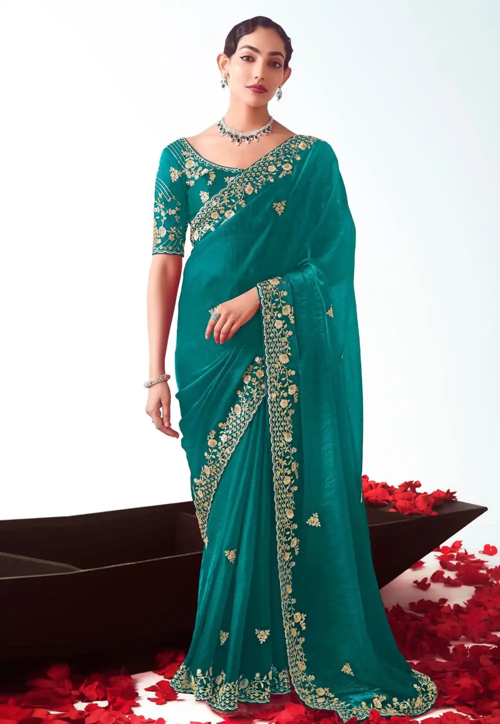 Teal Tissue Saree With Blouse 322118