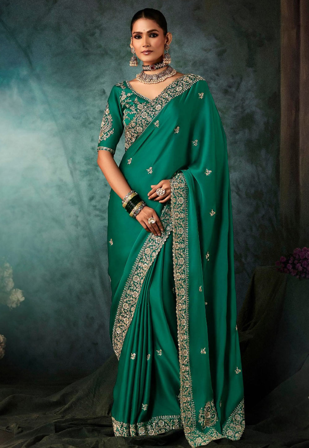 Teal Tissue Saree With Blouse 319757