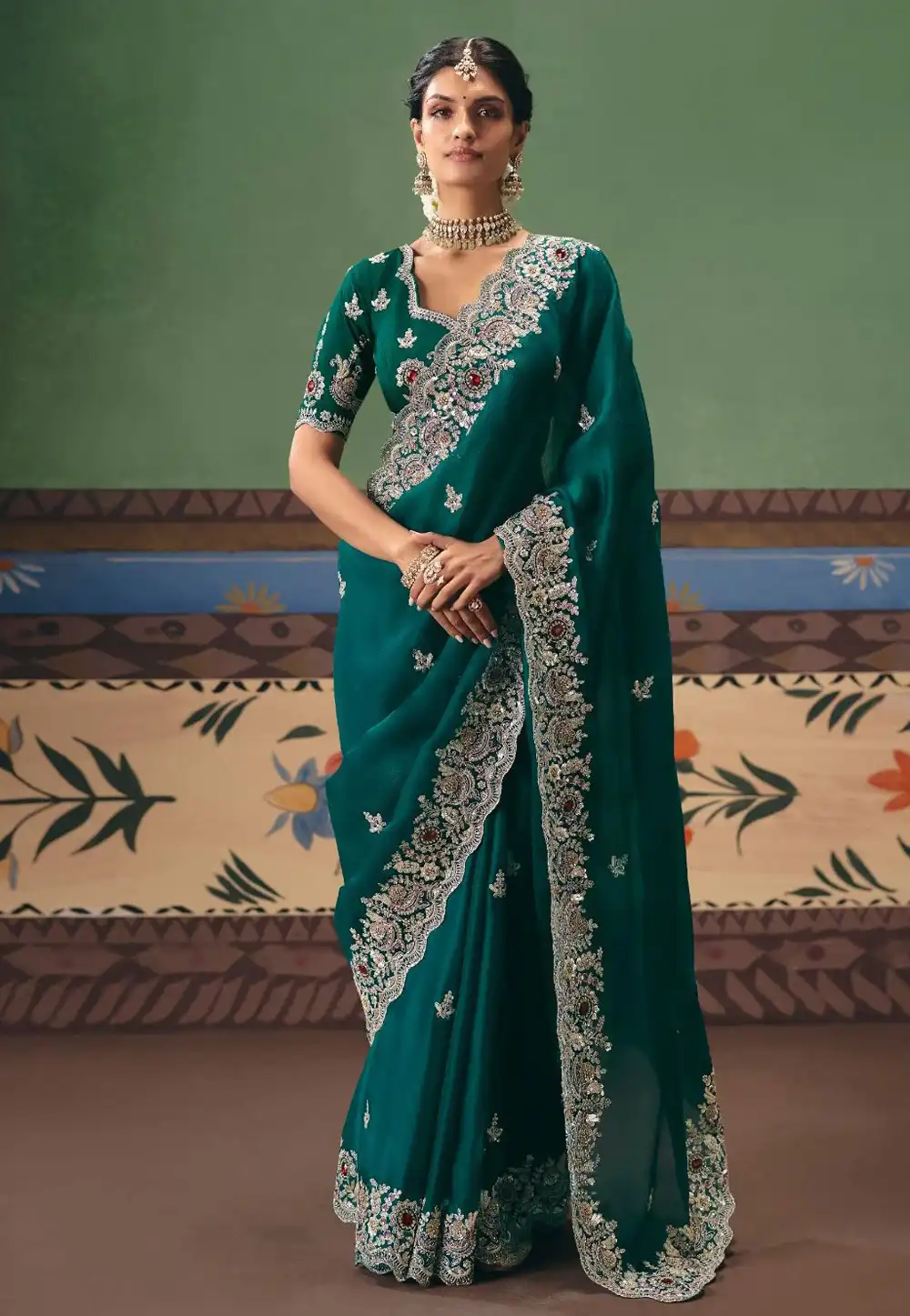 Teal Tissue Saree With Blouse 324641