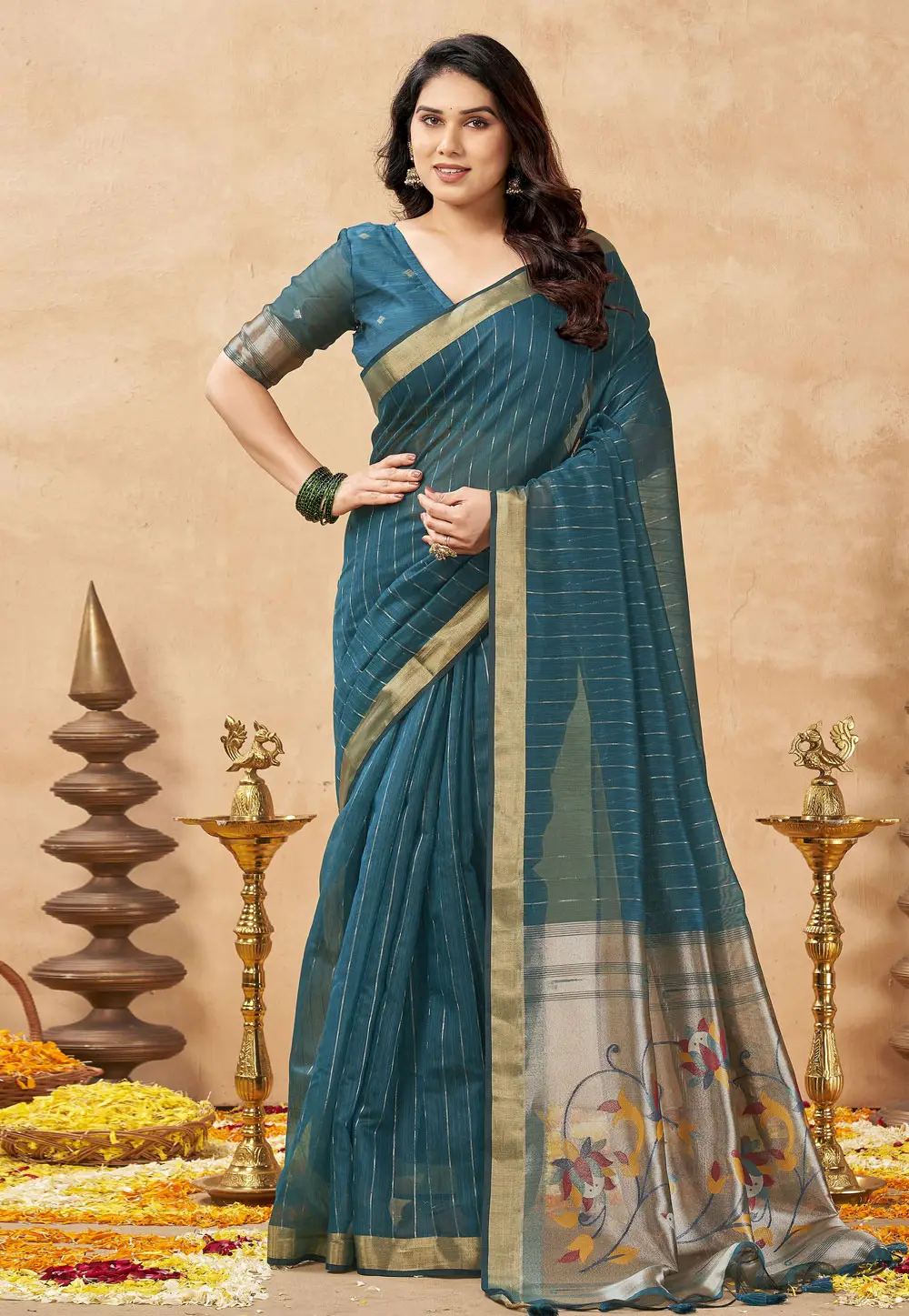 Teal Tissue Saree With Blouse 335972