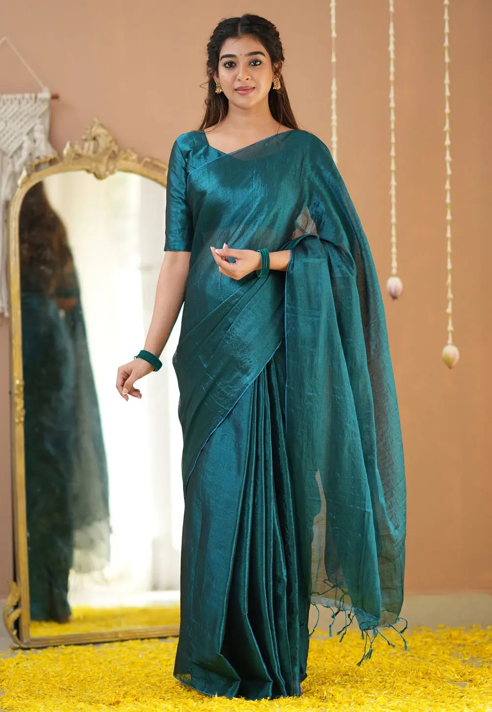 Teal Tissue Saree With Blouse 332720
