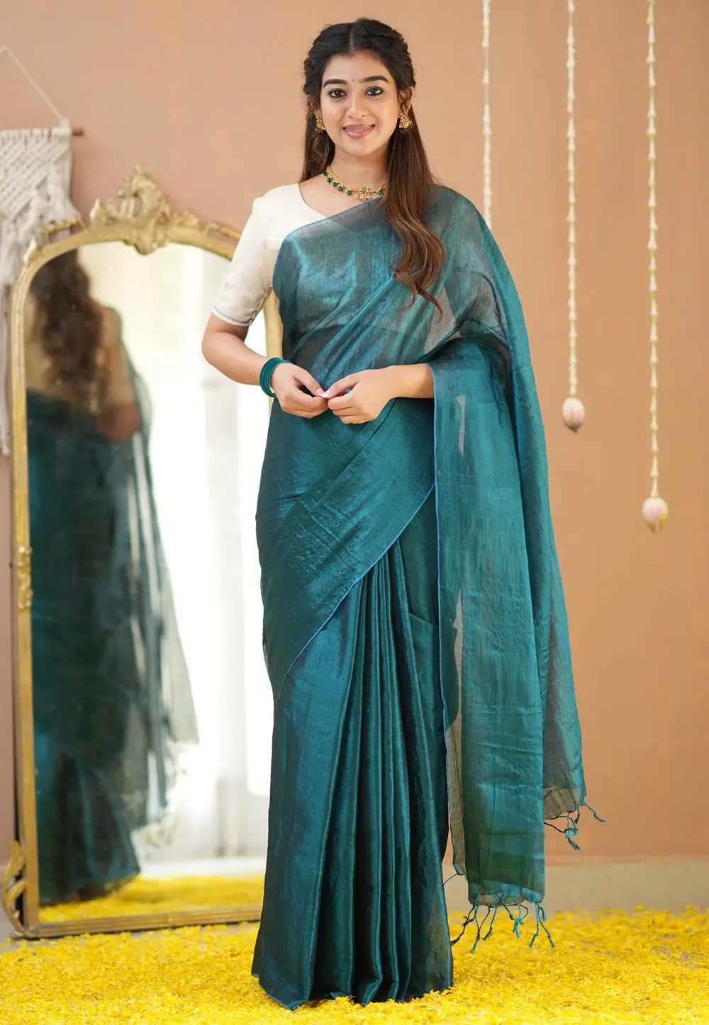 Teal Tissue Saree With Blouse 332721