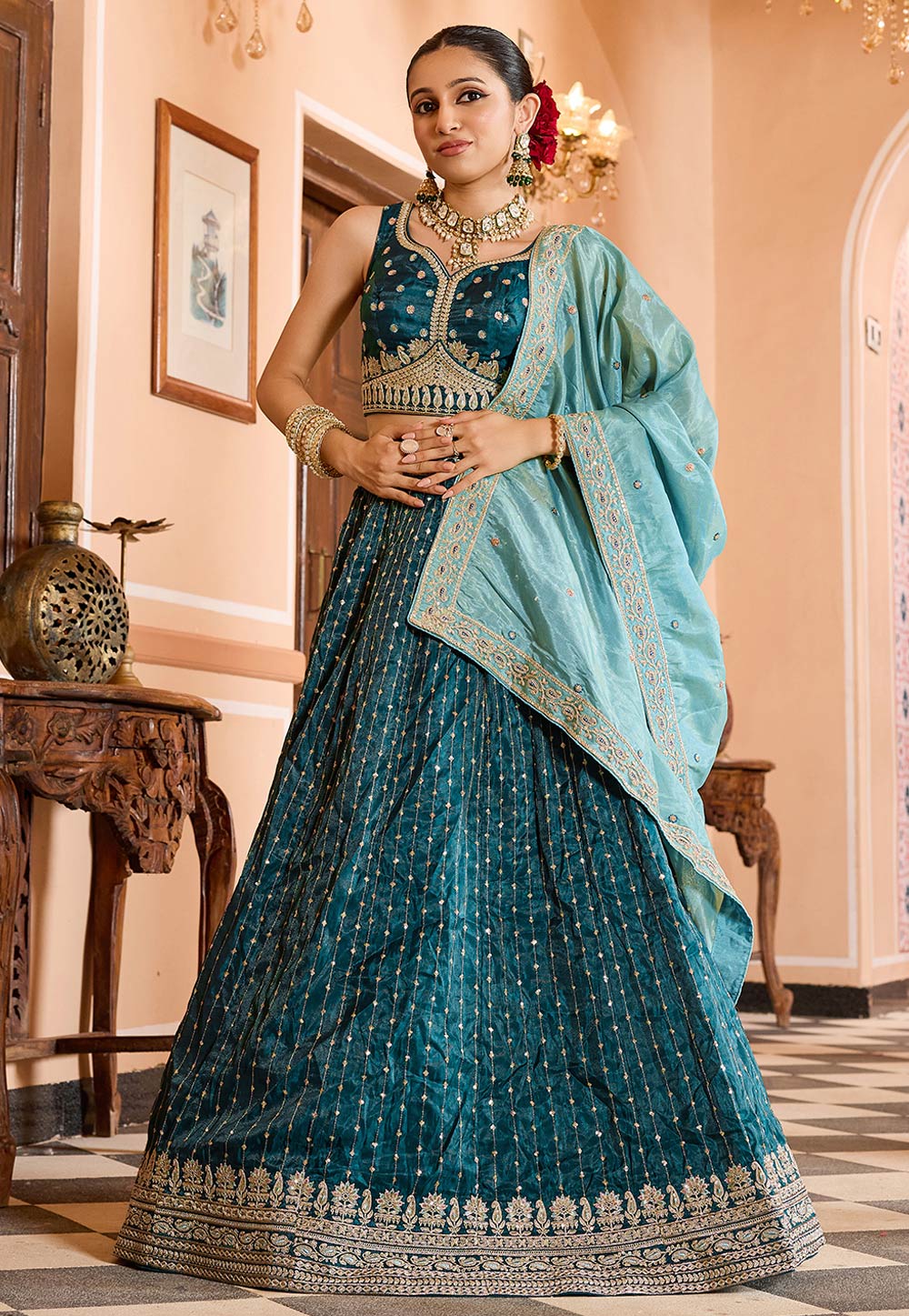 Teal Tissue Silk Lehenga Choli 319400