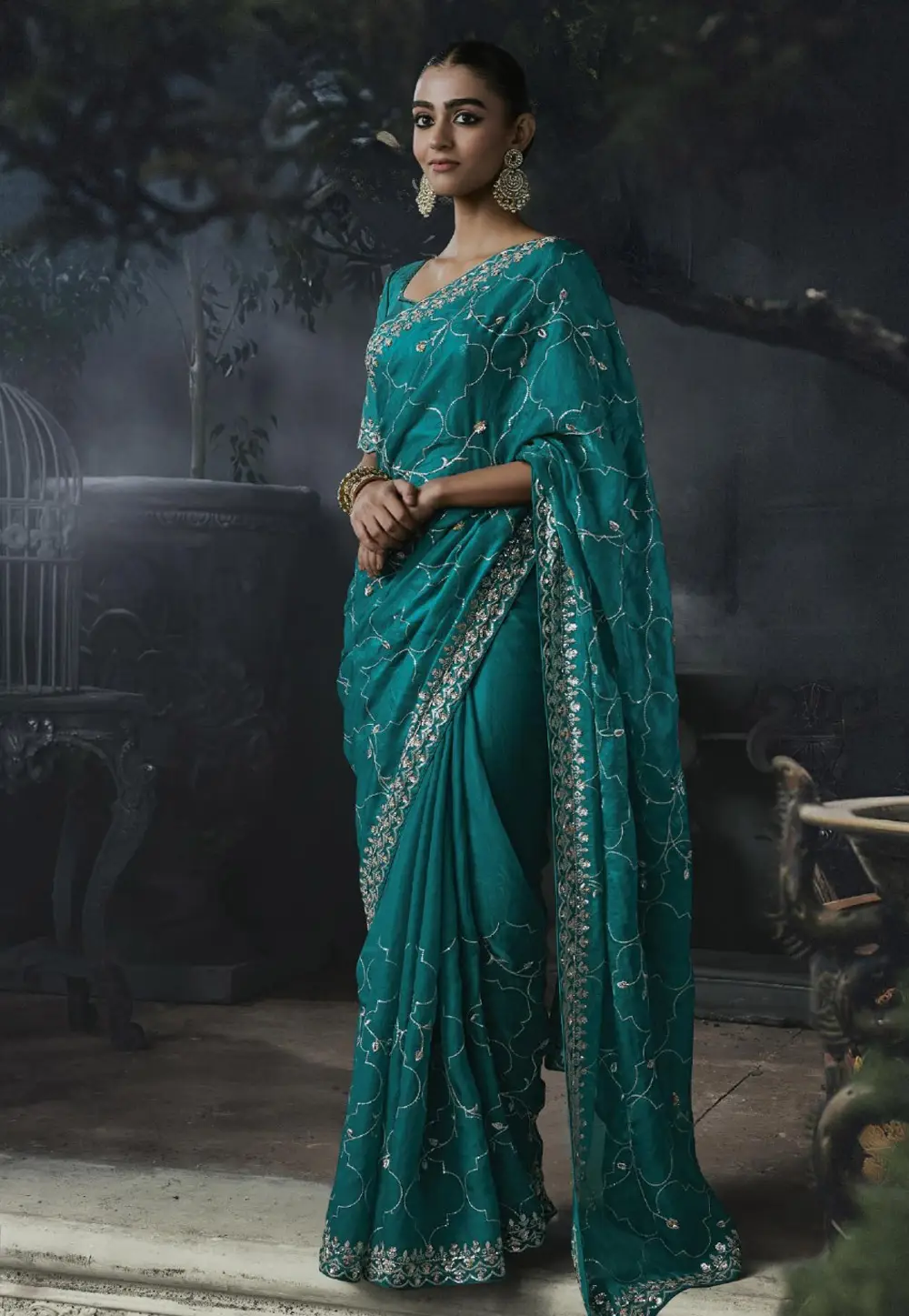 Teal Tissue Silk Saree With Blouse 333034