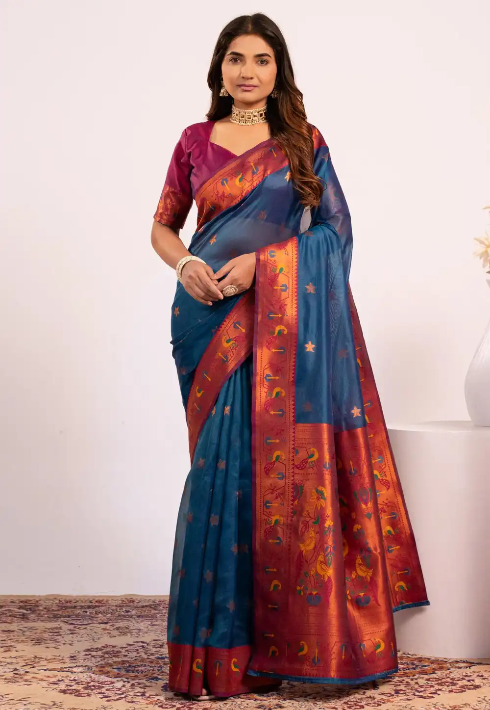 Teal Tissue Silk Saree With Blouse 330532