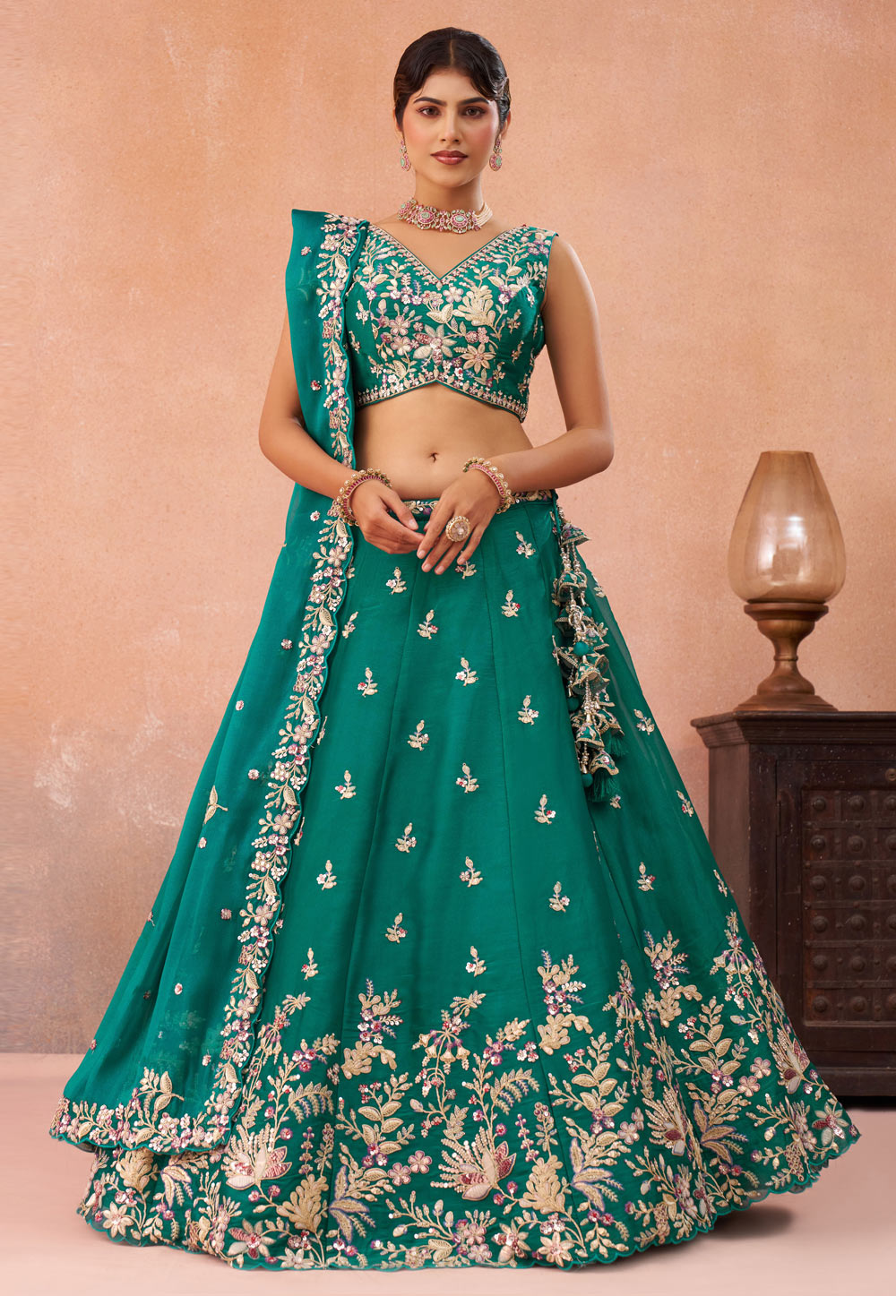 Teal Tissue Wedding Lehenga Choli 328212