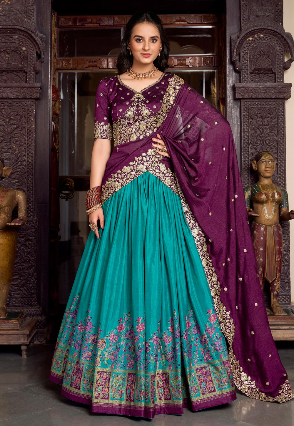 Teal Tussar Silk Circular Lehenga Choli 311837