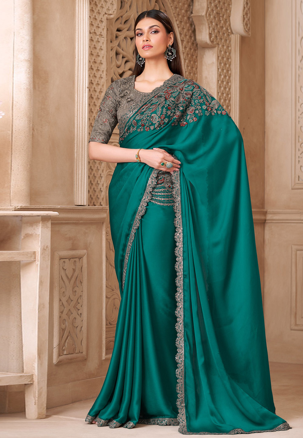 Teal Tussar Silk Saree With Blouse 325673
