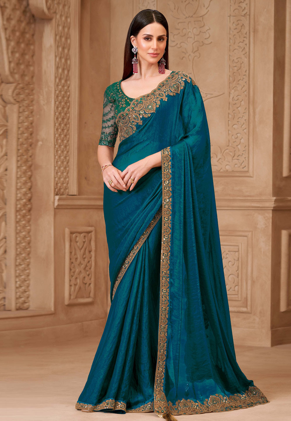 Teal Tussar Silk Saree With Blouse 325695