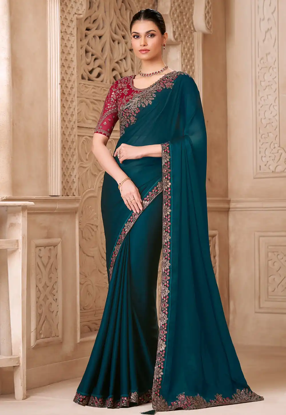 Teal Tussar Silk Saree With Blouse 325703