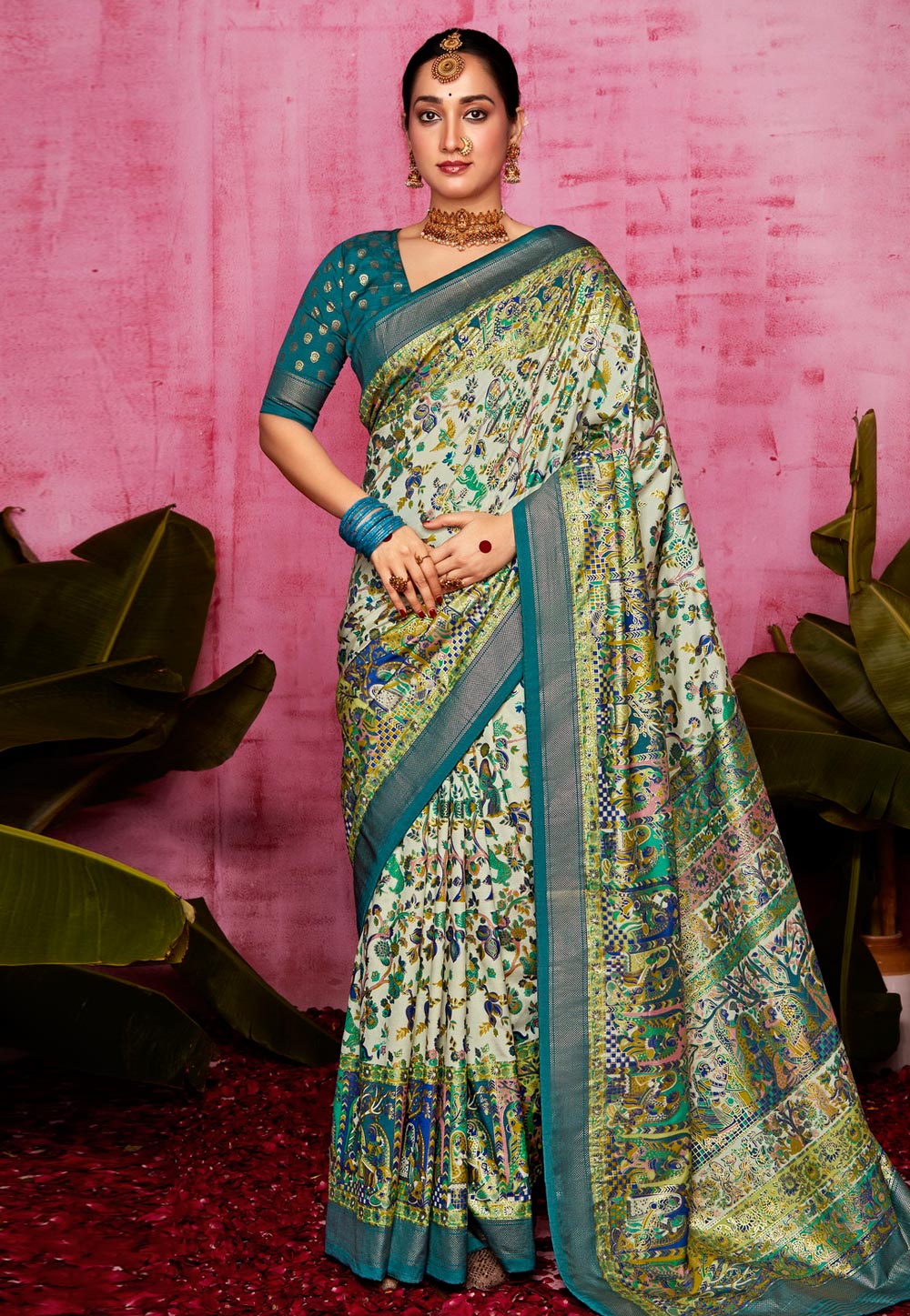 Teal Tussar Silk Saree With Blouse 308740