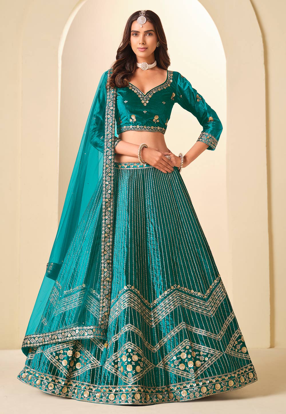 Teal Velvet A Line Lehenga Choli 321452