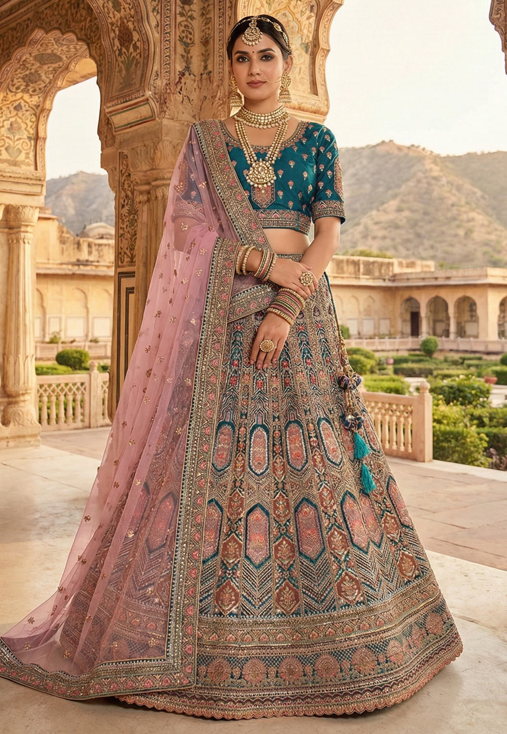 Teal Velvet Bridal Lehenga Choli 323670