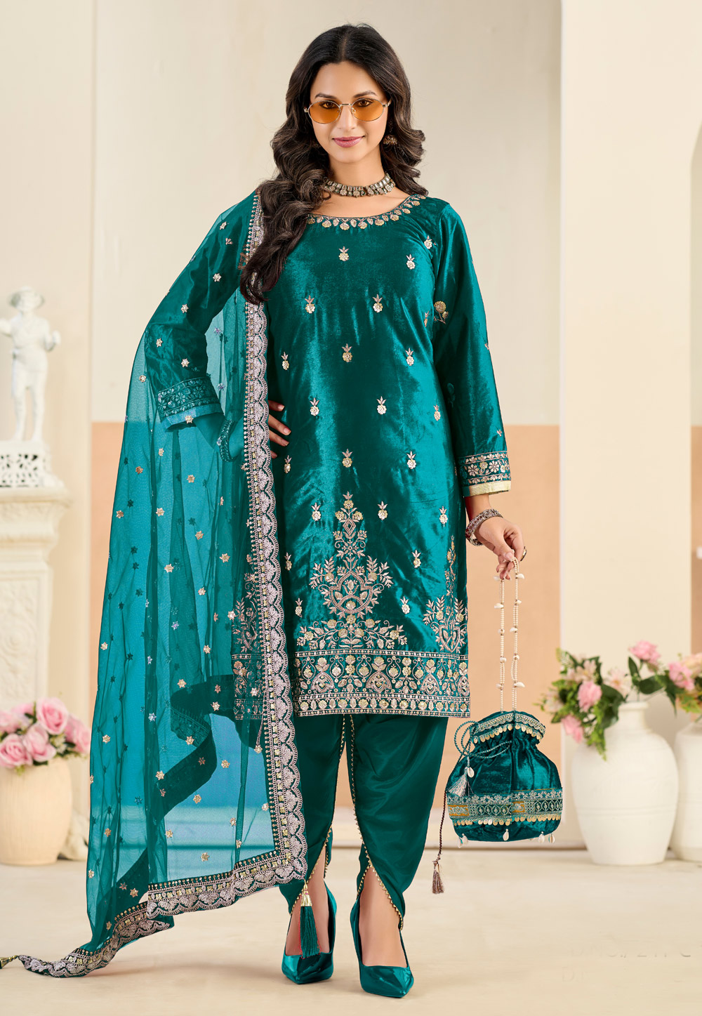 Teal Velvet Dhoti Salwar Suit 324076
