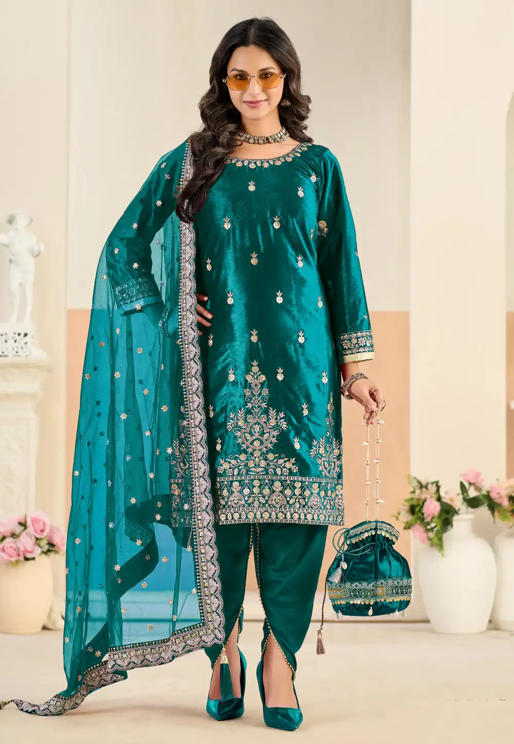 Teal Velvet Dhoti Salwar Suit 324076