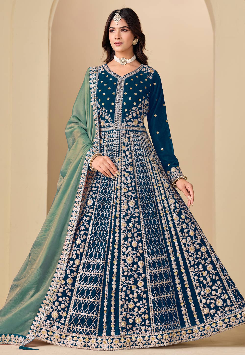 Teal Velvet Embroidered Long Anarkali Suit 323093