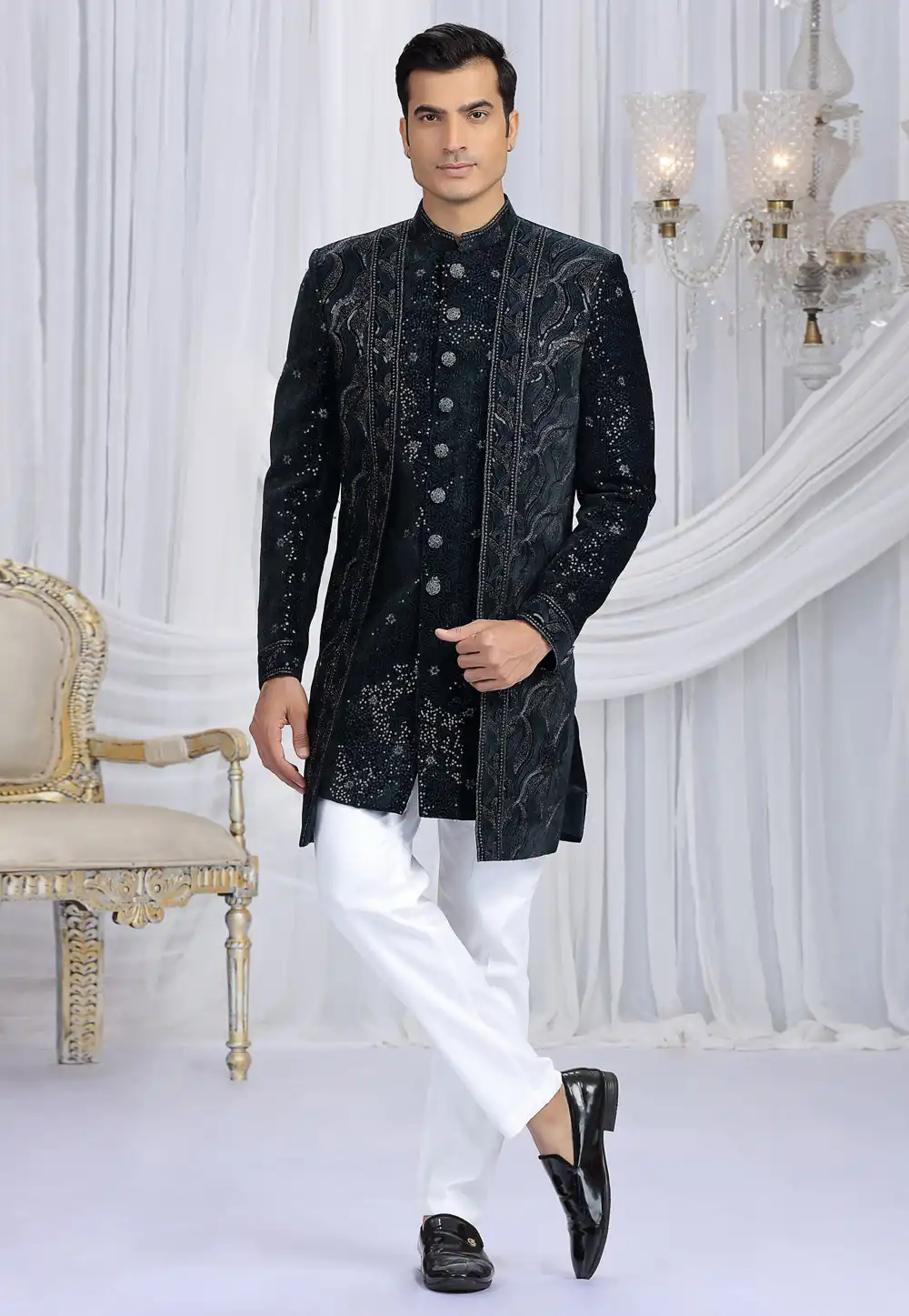 Teal Velvet Indo Western Suit 319043