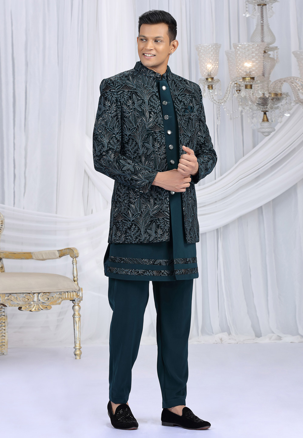 Teal Velvet Indo Western Suit 319049