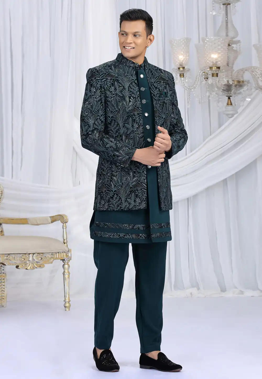 Teal Velvet Indo Western Suit 319049