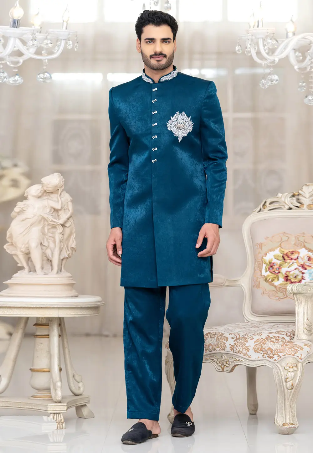 Teal Velvet Indo Western Suit 336523