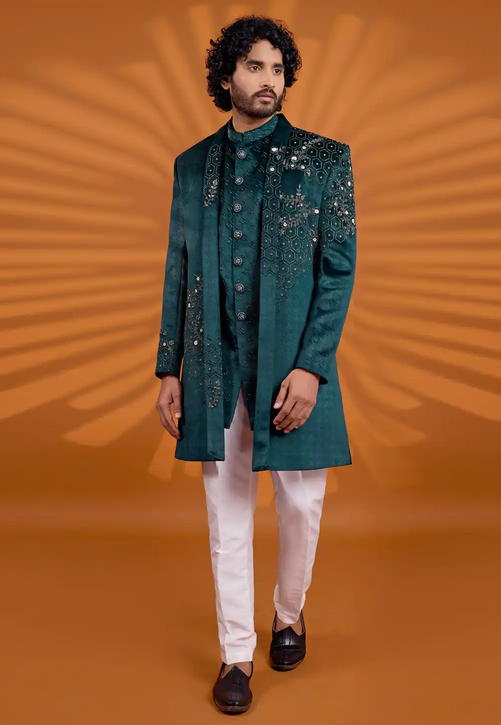 Teal Velvet Jacket Style Sherwani 330253