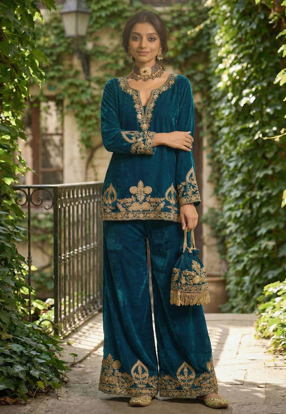 Teal Velvet Kurta Set With Palazzo 321593