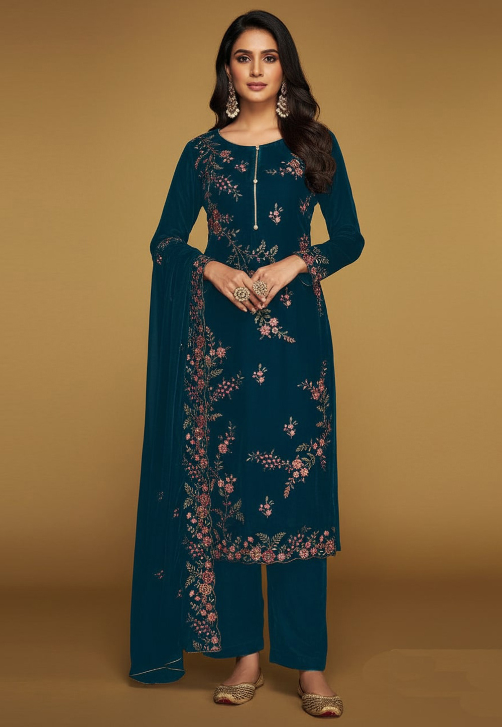 Teal Velvet Pakistani Suit 322066