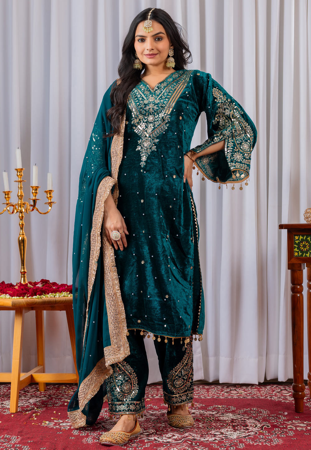 Teal Velvet Readymade Designer Salwar Suit 322236