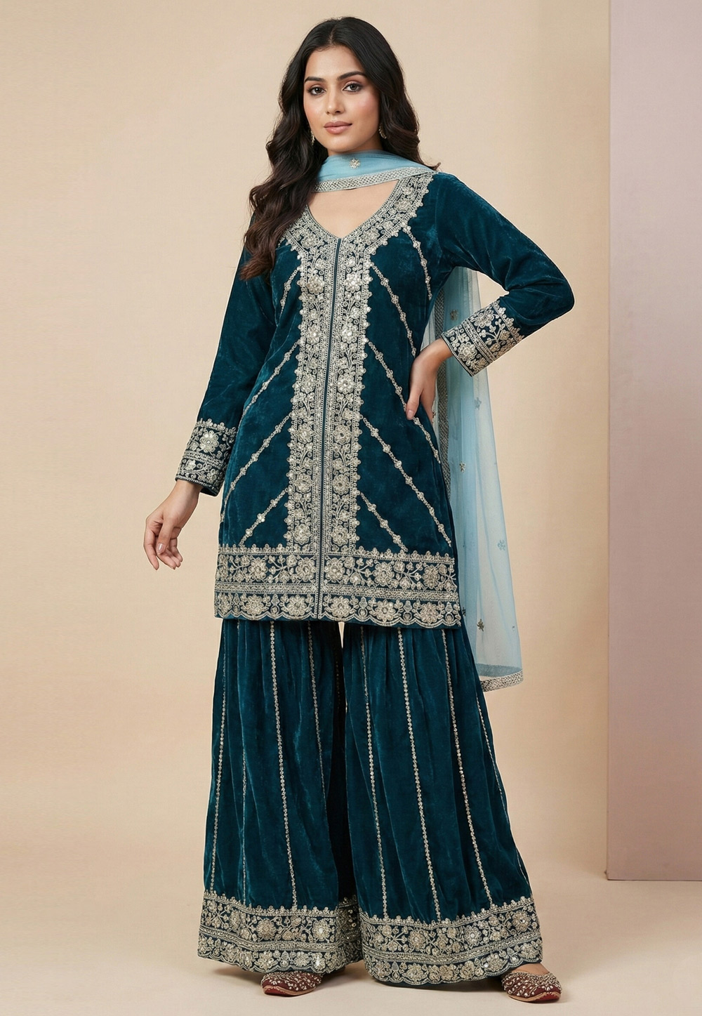Teal Velvet Readymade Sharara Suit 323300