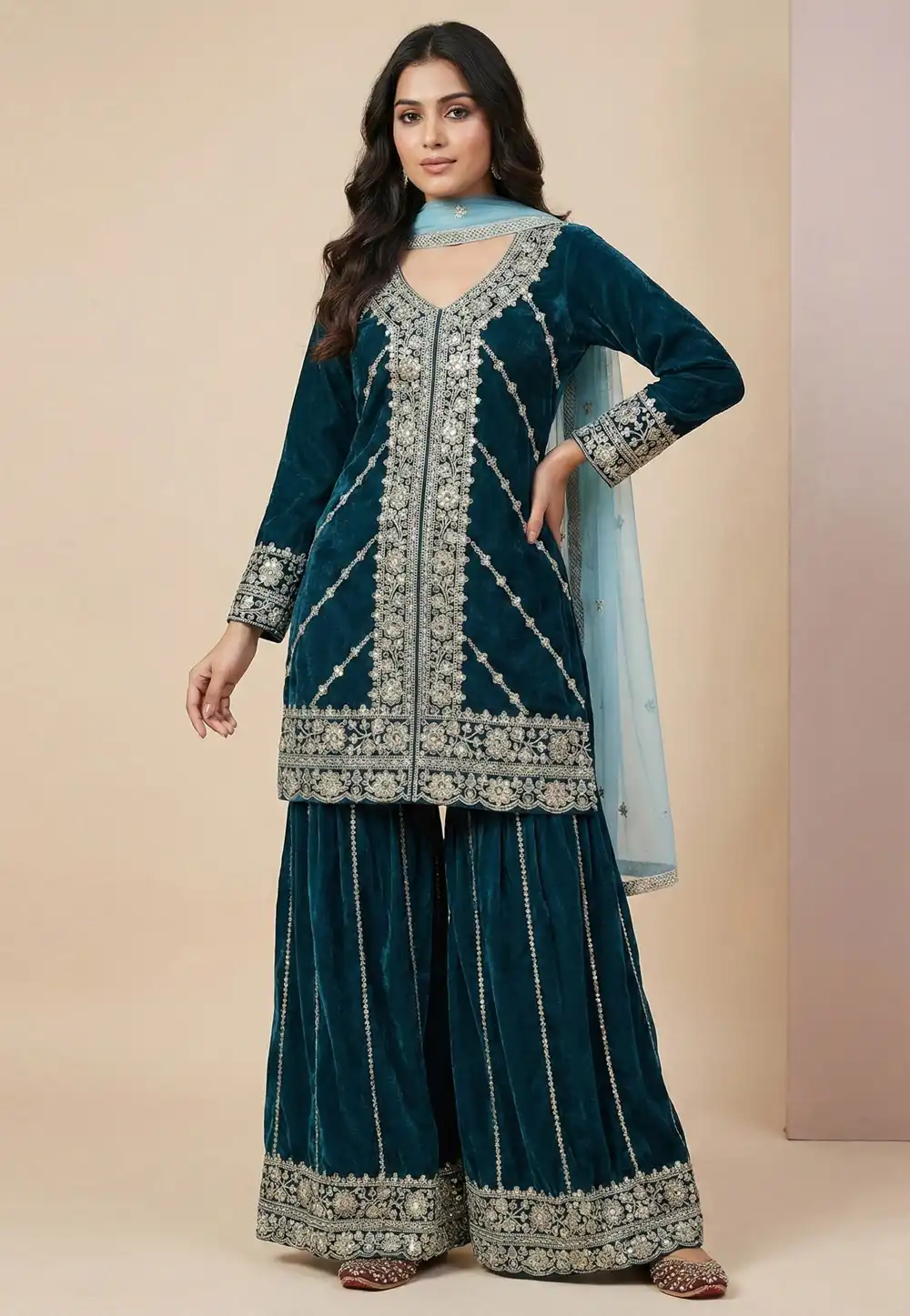 Teal Velvet Readymade Sharara Suit 323300
