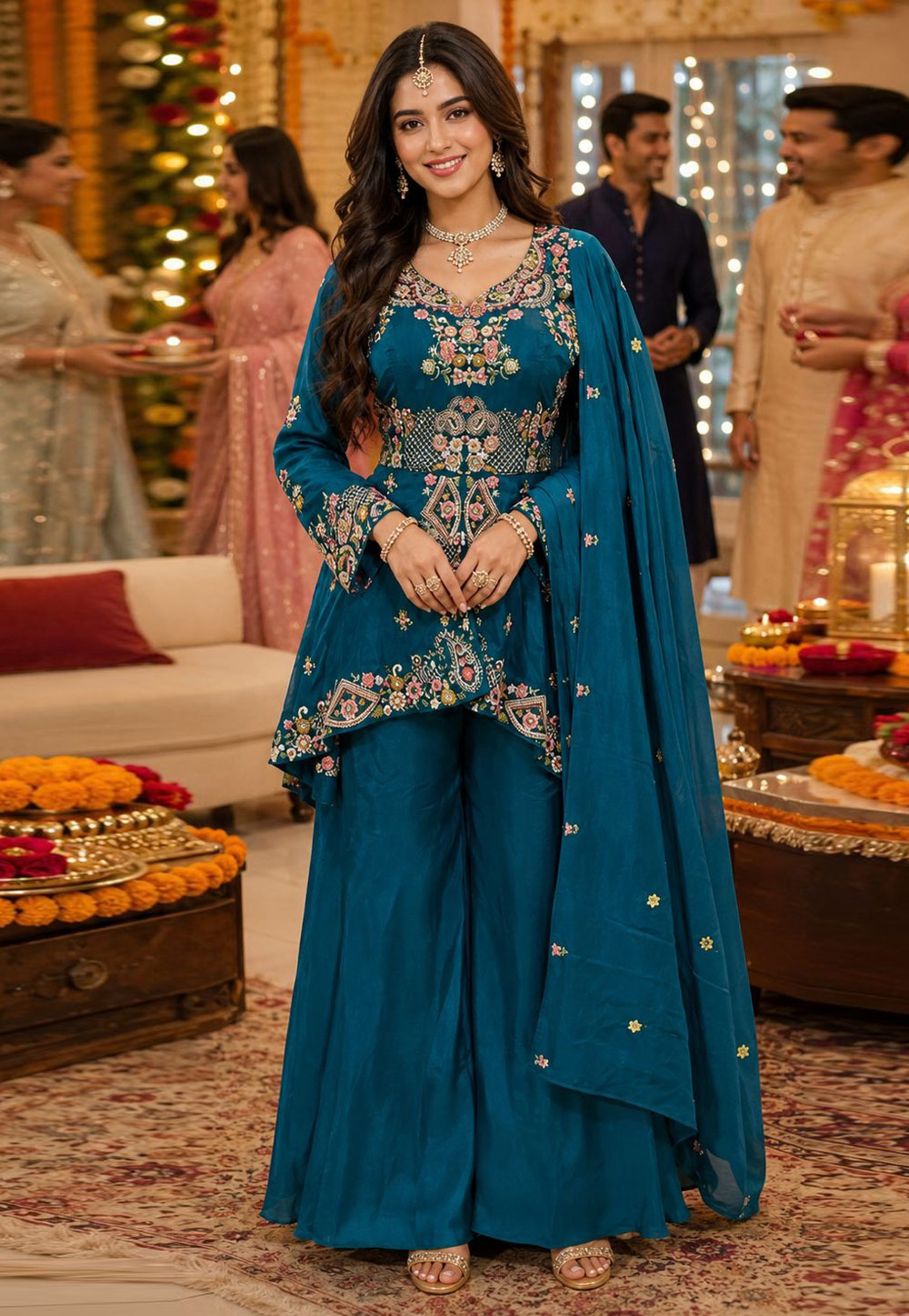Teal Viscose Crepe Readymade Pakistani Suit 330127